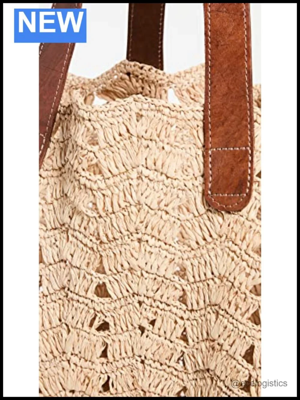 Woven Raffia Tote Bag with Leather Trim - Beach Summer